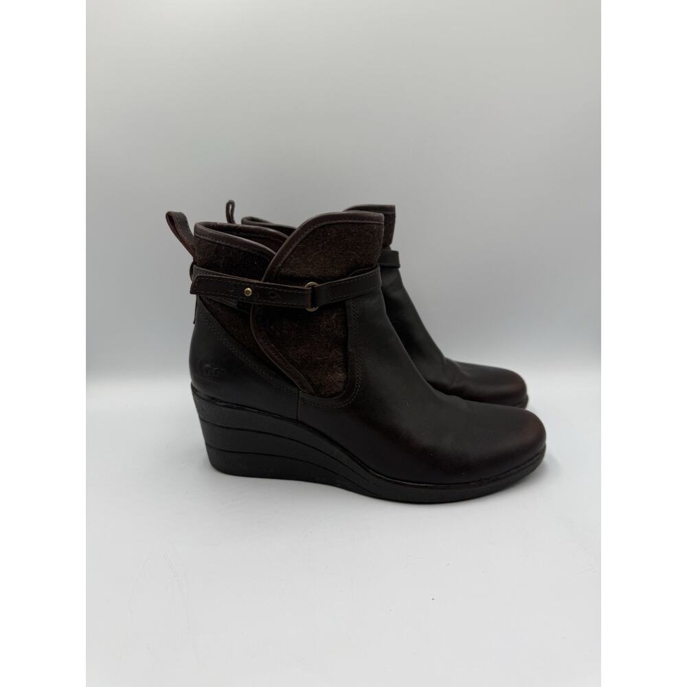 UGG Emalie Stout Brown Leather Bootie Boots Sherpa Insole Women's 7 S/N‎ 1005286